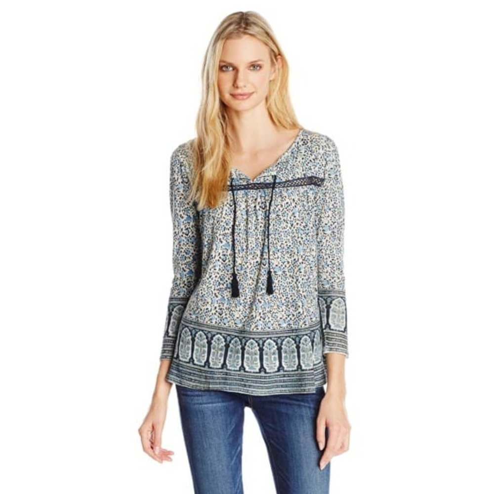 Lucky Brand Blue Floral Paisley Tassel Peasant Top Small Boho Crochet Trim